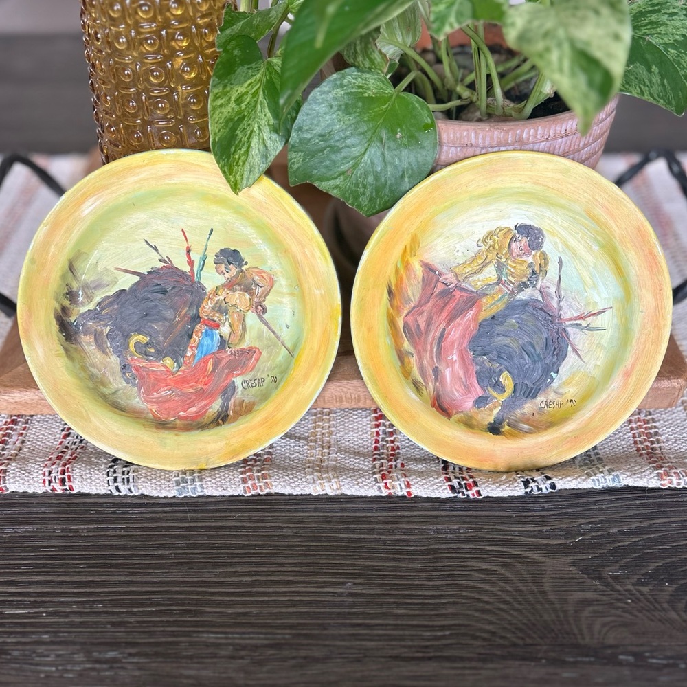 Mid Century Hand Painted Signed Matador Bull Scene Lu-Ray Porcelain Plates!